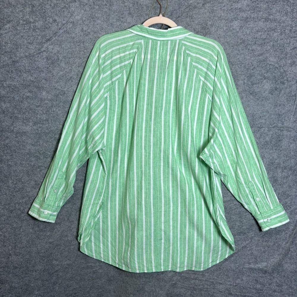 Aerie Linen Blend Cover Up Shirt Womens Sz L Green Striped Semi Sheer Pocket - Picture 3 of 8